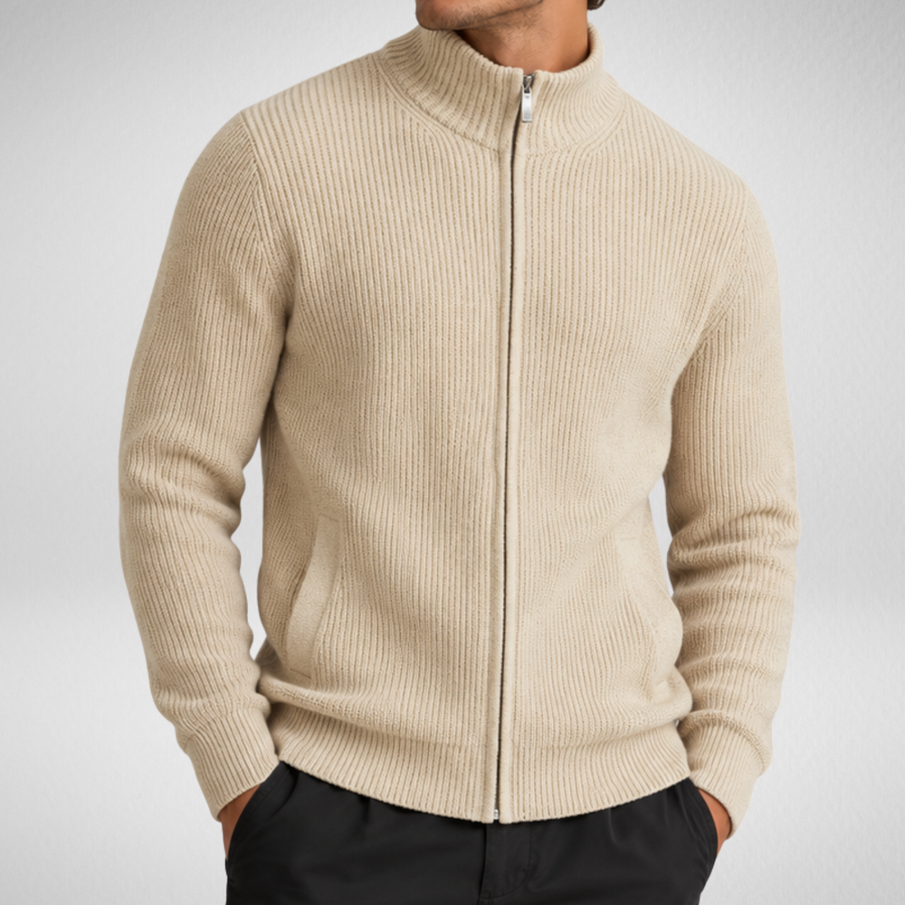 Men's Knit Zip-Up Cardigan | Ribbed Stand Collar Sweater
