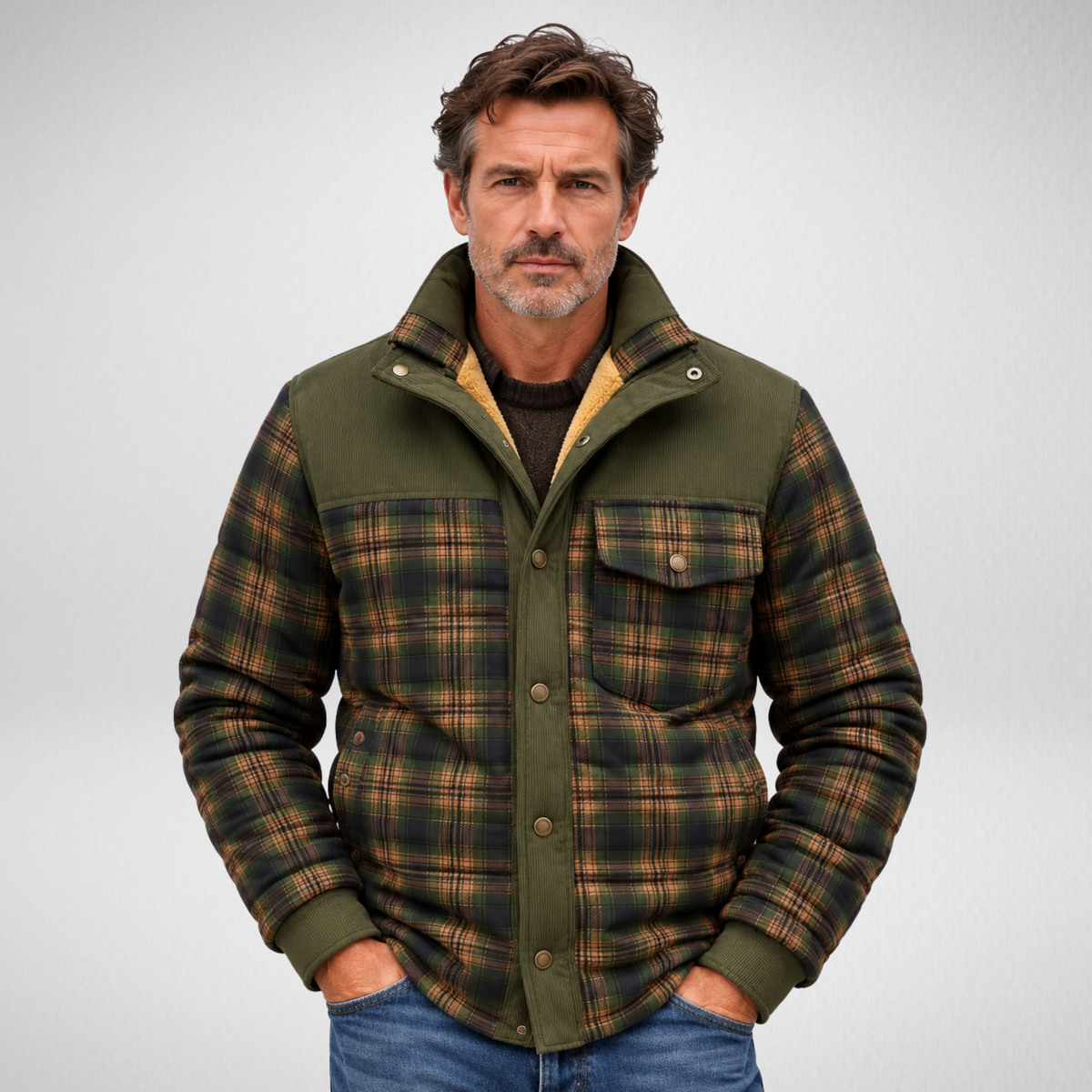 Men's Plaid Quilted Jacket | Olive Green Outdoor Coat