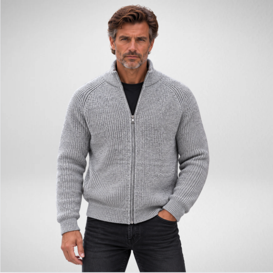 Men's Knit Zip-Up Cardigan | Ribbed Stand Collar Sweater