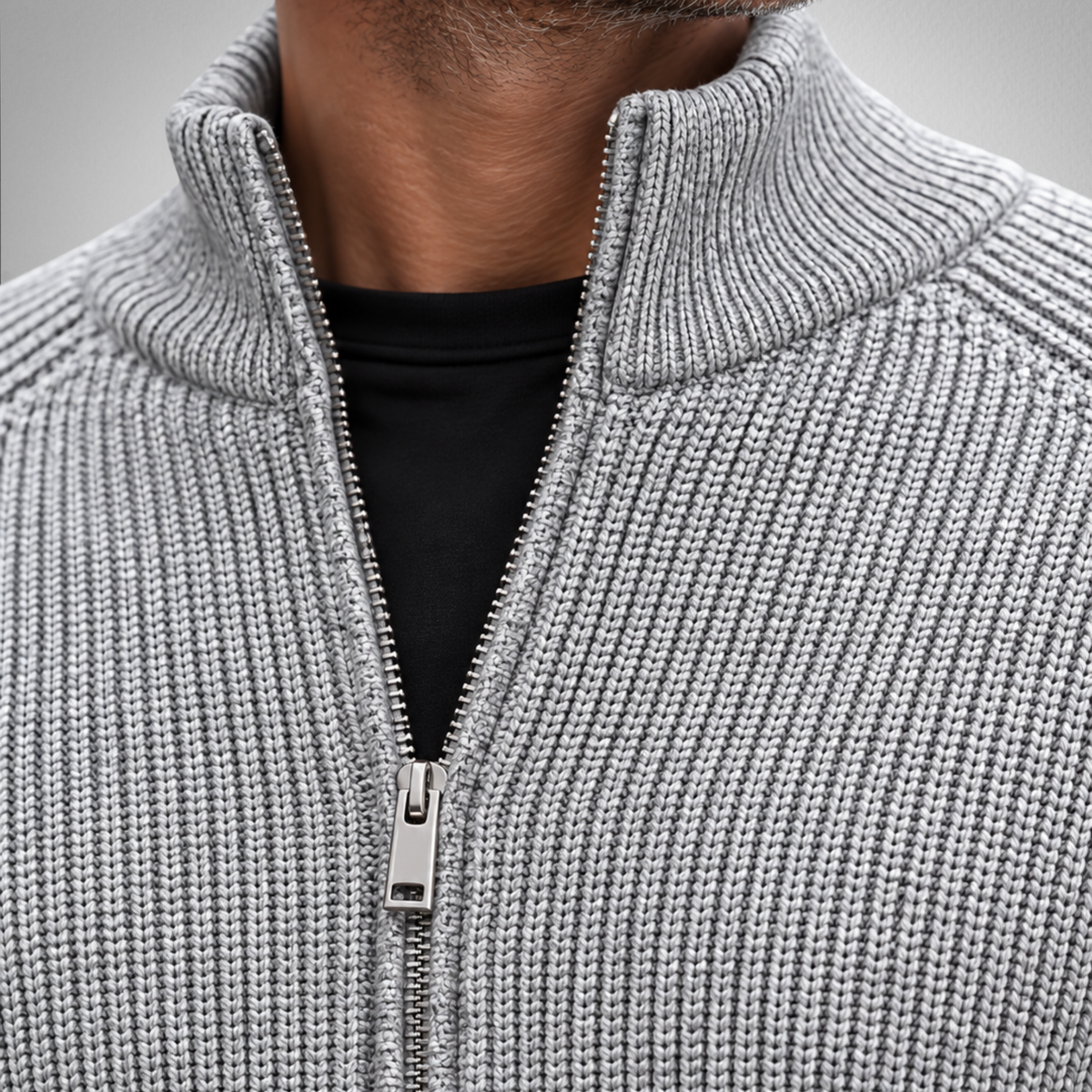 Men's Knit Zip-Up Cardigan | Ribbed Stand Collar Sweater