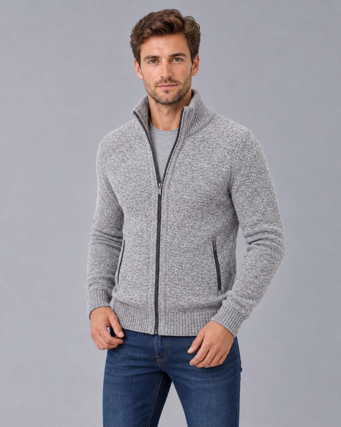 Men's Zip-Up Knit Cardigan | Classic Stand Collar Sweater