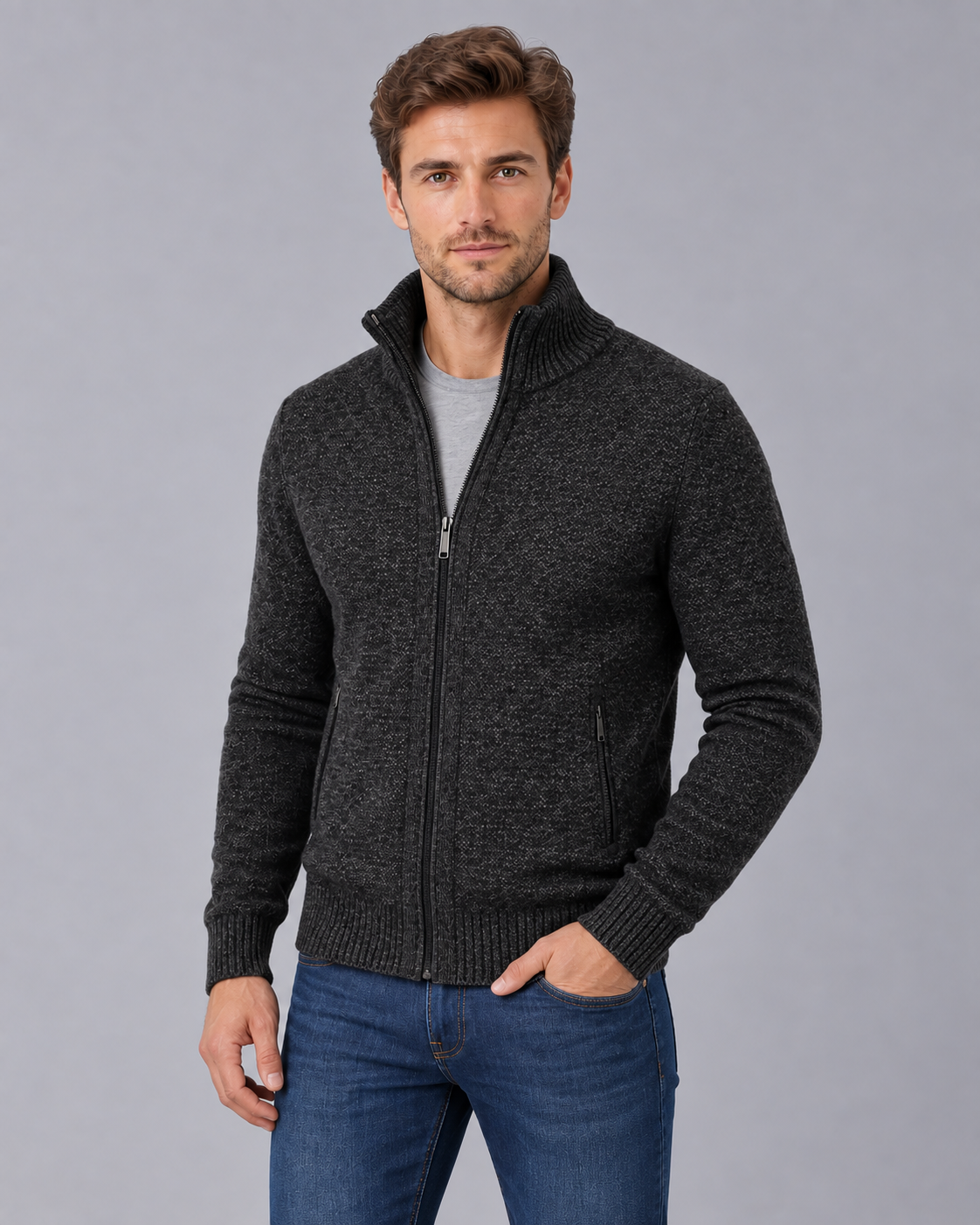 Men's Zip-Up Knit Cardigan | Classic Stand Collar Sweater