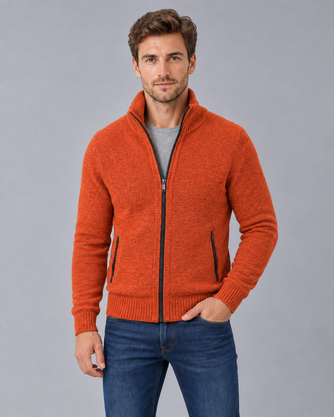 Men's Zip-Up Knit Cardigan | Classic Stand Collar Sweater