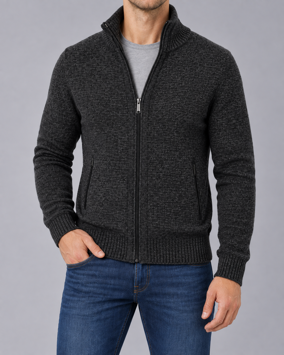 Men's Zip-Up Knit Cardigan | Classic Stand Collar Sweater